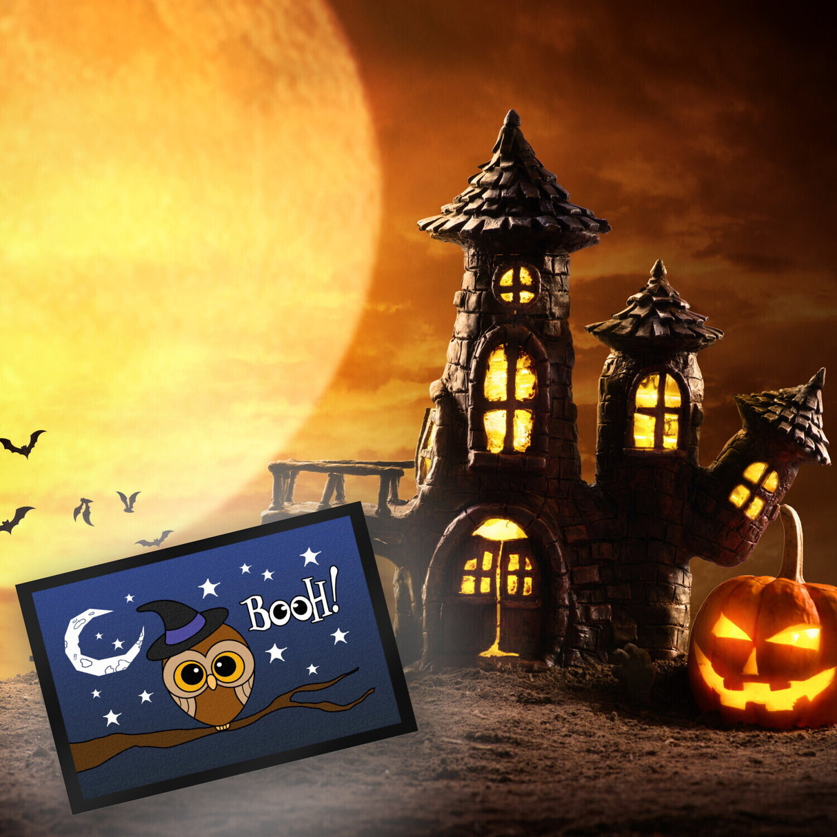 Fußmatte für Halloween mit niedlichem Eulenmotiv und Spruch - BOOH!