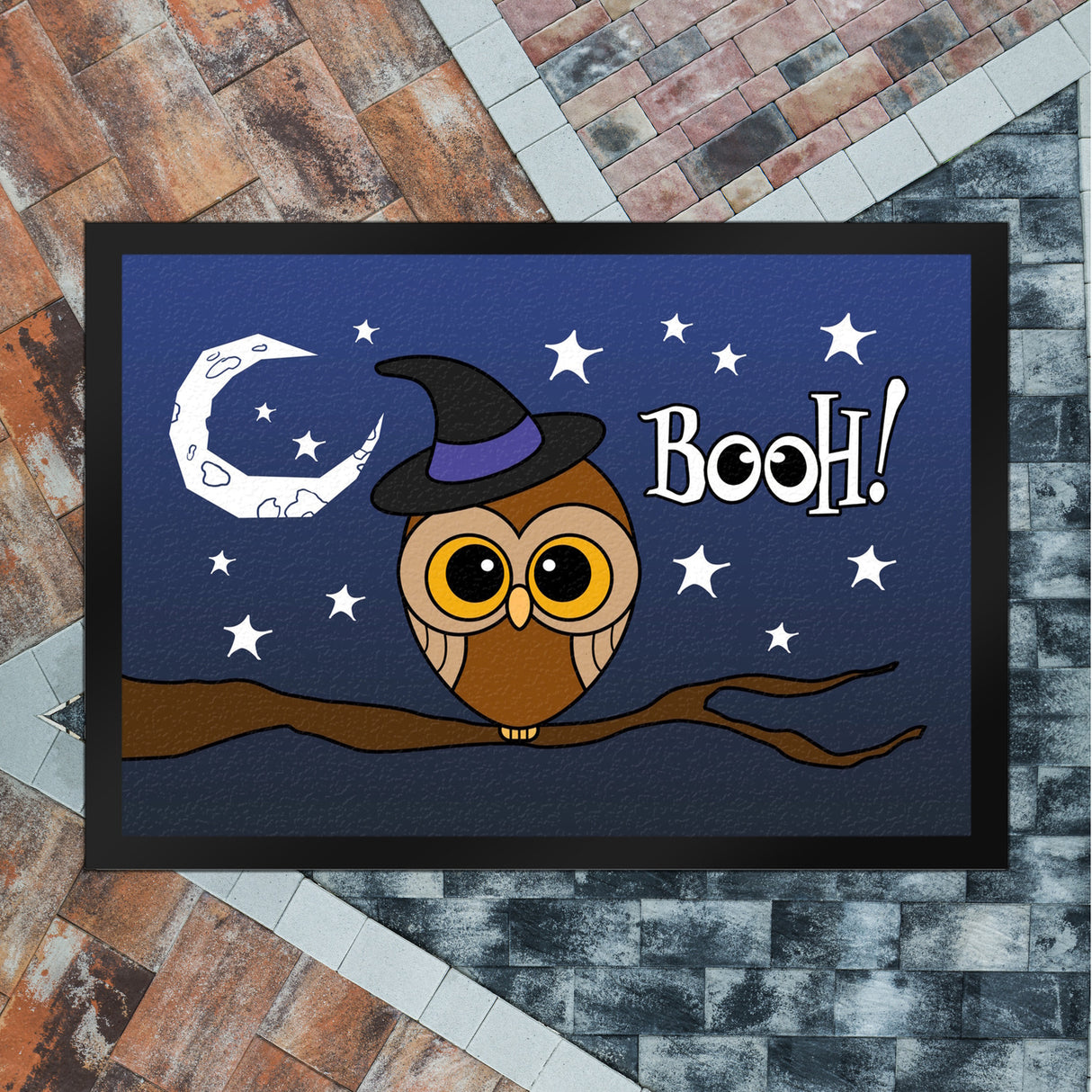 Fußmatte für Halloween mit niedlichem Eulenmotiv und Spruch - BOOH!