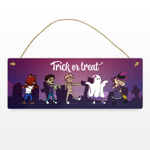 Metallschild mit Halloween-Motiv, Spruch und kleinen Monstern