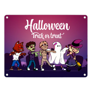 Metallschild mit Halloween-Motiv, Spruch und kleinen Monstern