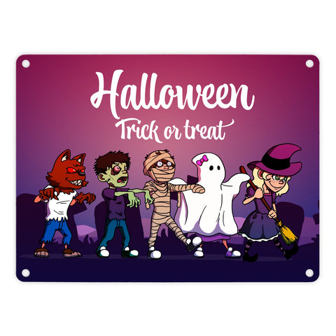 Metallschild mit Halloween-Motiv, Spruch und kleinen Monstern