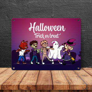 Metallschild mit Halloween-Motiv, Spruch und kleinen Monstern