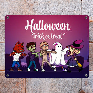 Metallschild mit Halloween-Motiv, Spruch und kleinen Monstern