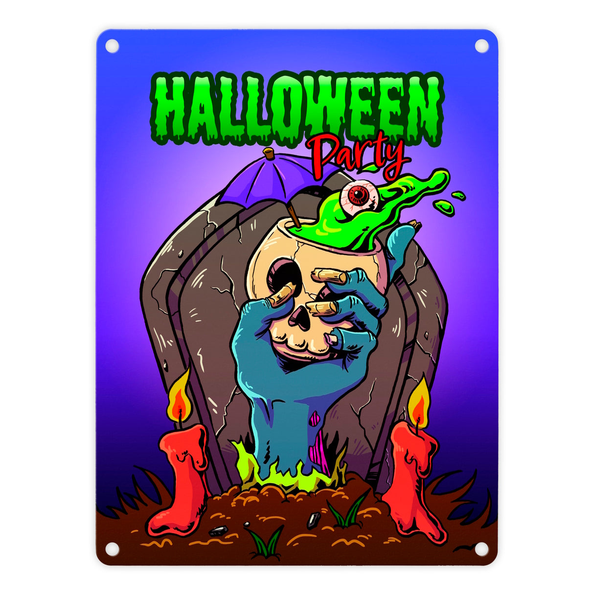 Metallschild mit Halloween Party Motiv und schauriger Zombiehand