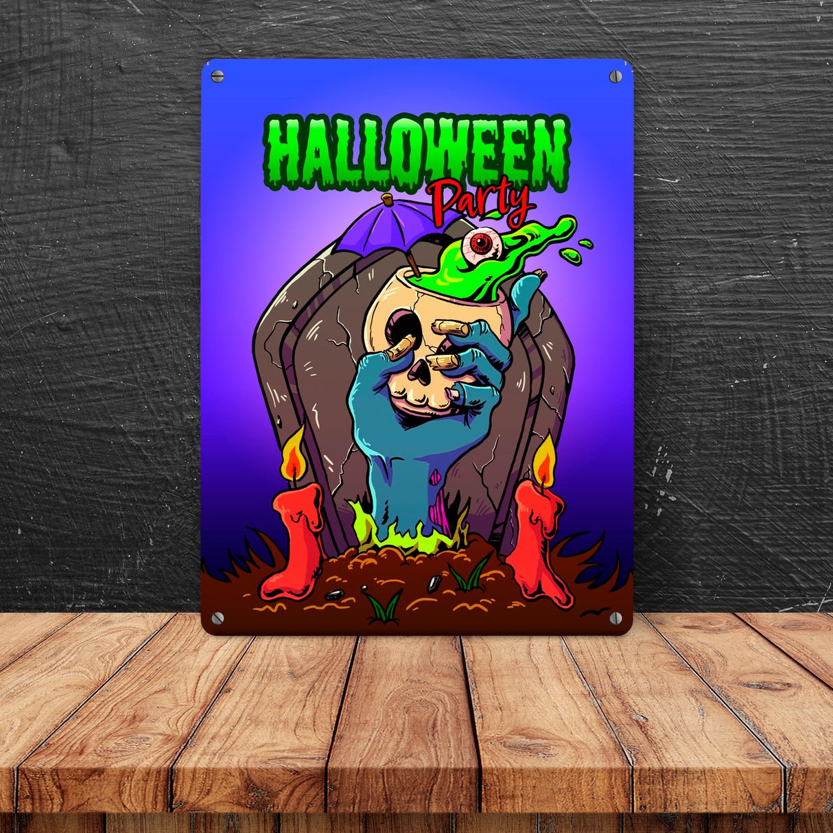 Metallschild mit Halloween Party Motiv und schauriger Zombiehand