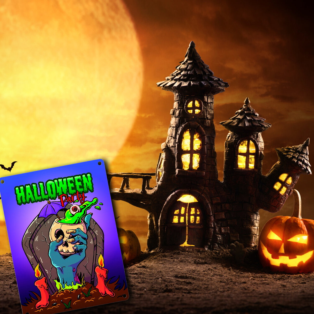 Metallschild mit Halloween Party Motiv und schauriger Zombiehand