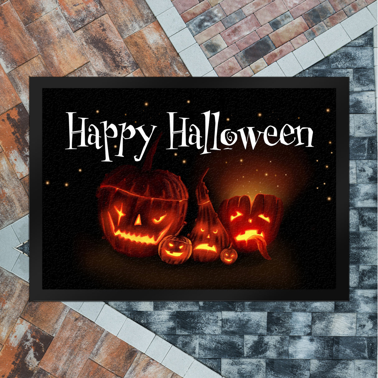 Fußmatte mit Kürbiskopf Motiv und Happy Halloween Schriftzug