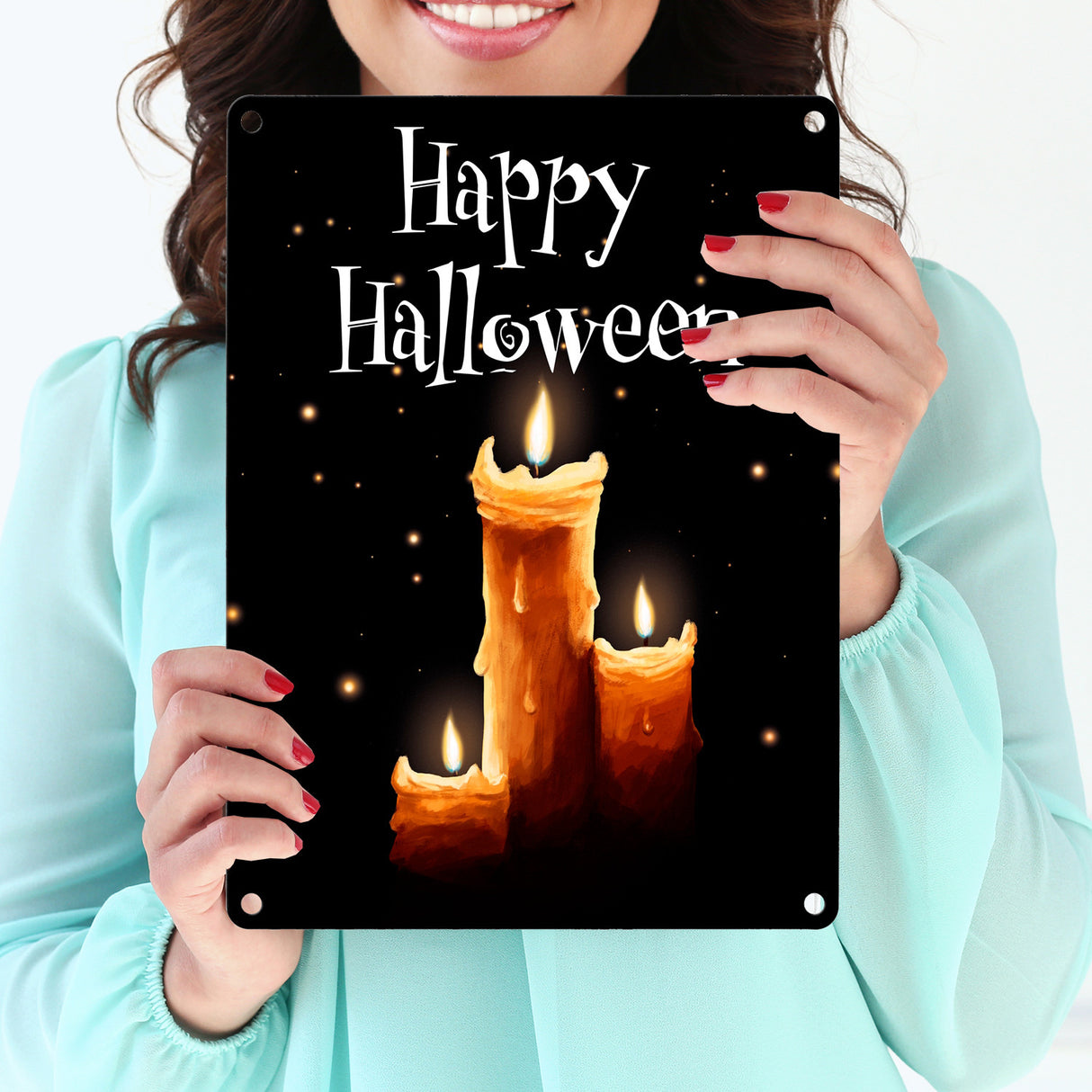 Metallschild mit gruseligem Kerzen Motiv und Happy Halloween Schriftzug