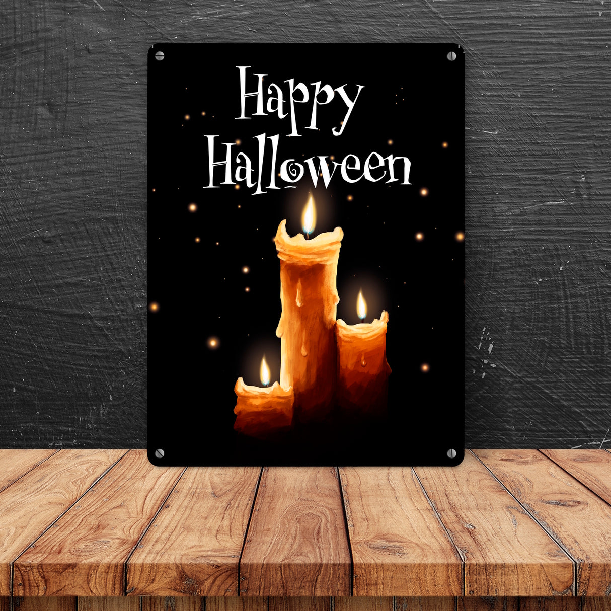 Metallschild mit gruseligem Kerzen Motiv und Happy Halloween Schriftzug