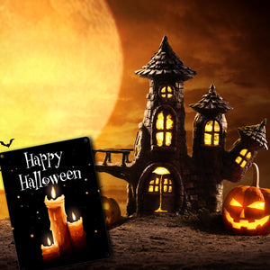 Metallschild mit gruseligem Kerzen Motiv und Happy Halloween Schriftzug