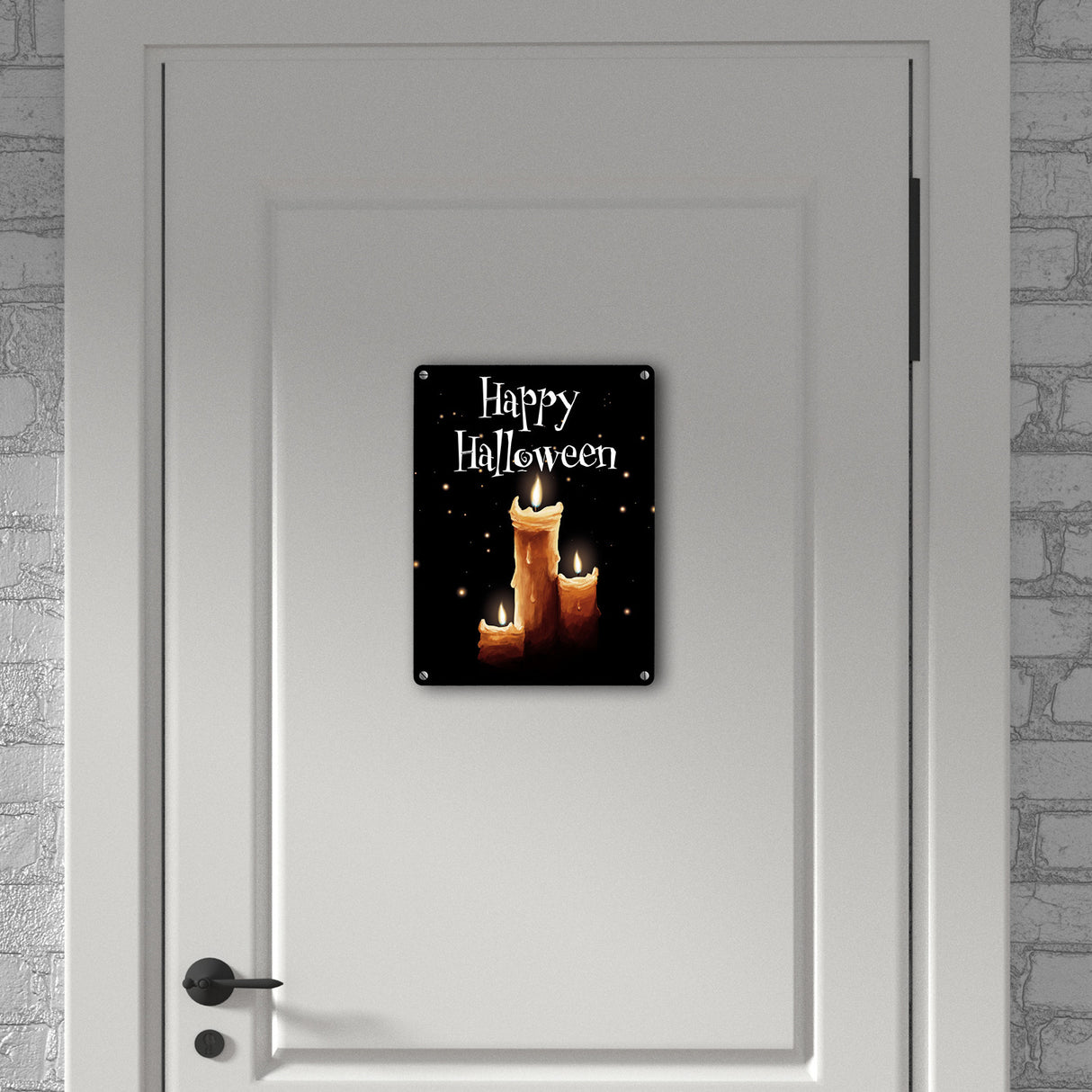 Metallschild mit gruseligem Kerzen Motiv und Happy Halloween Schriftzug