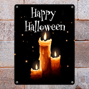 Metallschild mit gruseligem Kerzen Motiv und Happy Halloween Schriftzug
