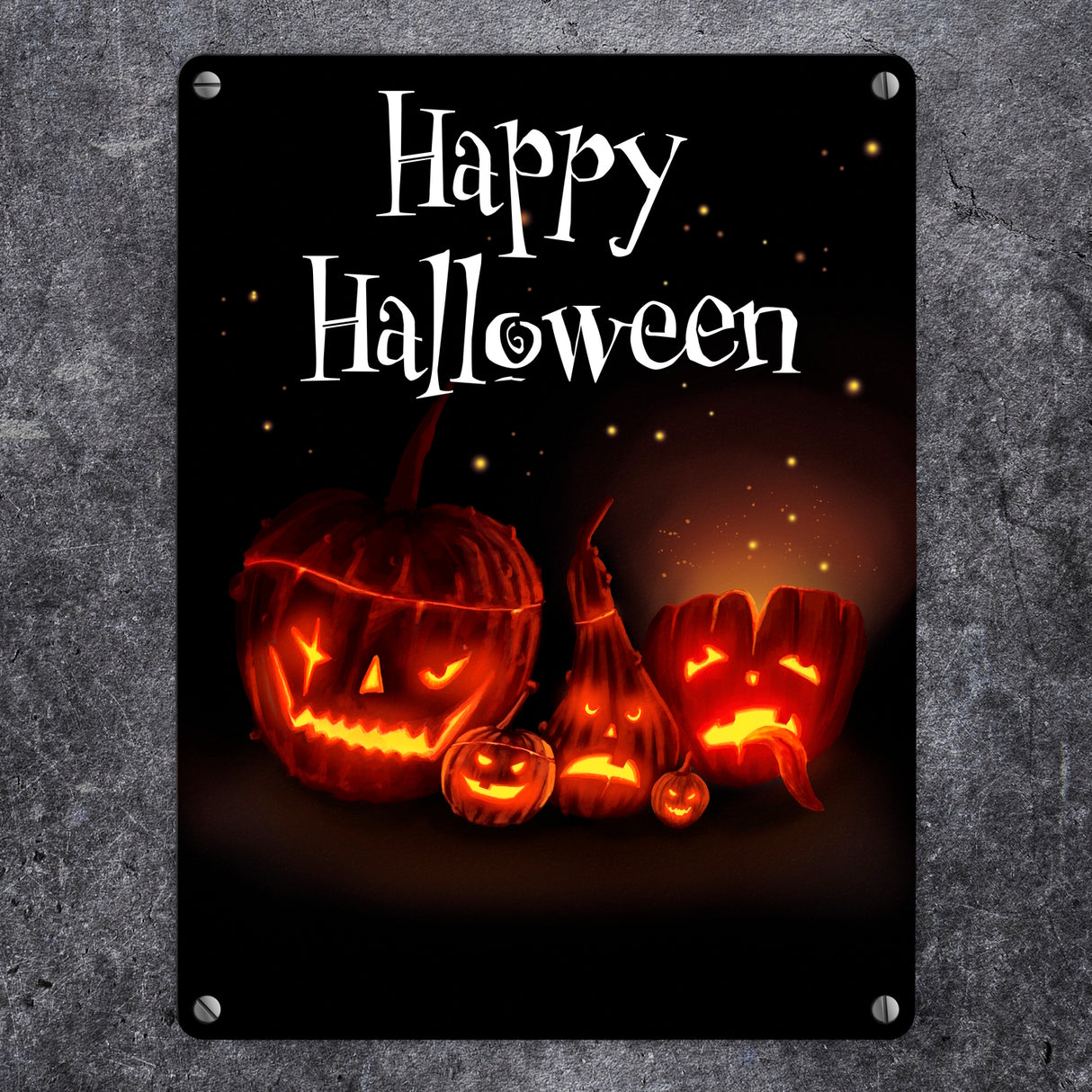 Metallschild mit gruseligem Kürbis Motiv und Happy Halloween Schriftzug