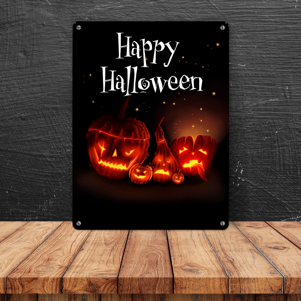Metallschild mit gruseligem Kürbis Motiv und Happy Halloween Schriftzug