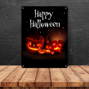 Metallschild mit gruseligem Kürbis Motiv und Happy Halloween Schriftzug