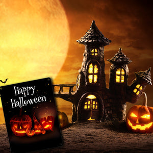 Metallschild mit gruseligem Kürbis Motiv und Happy Halloween Schriftzug