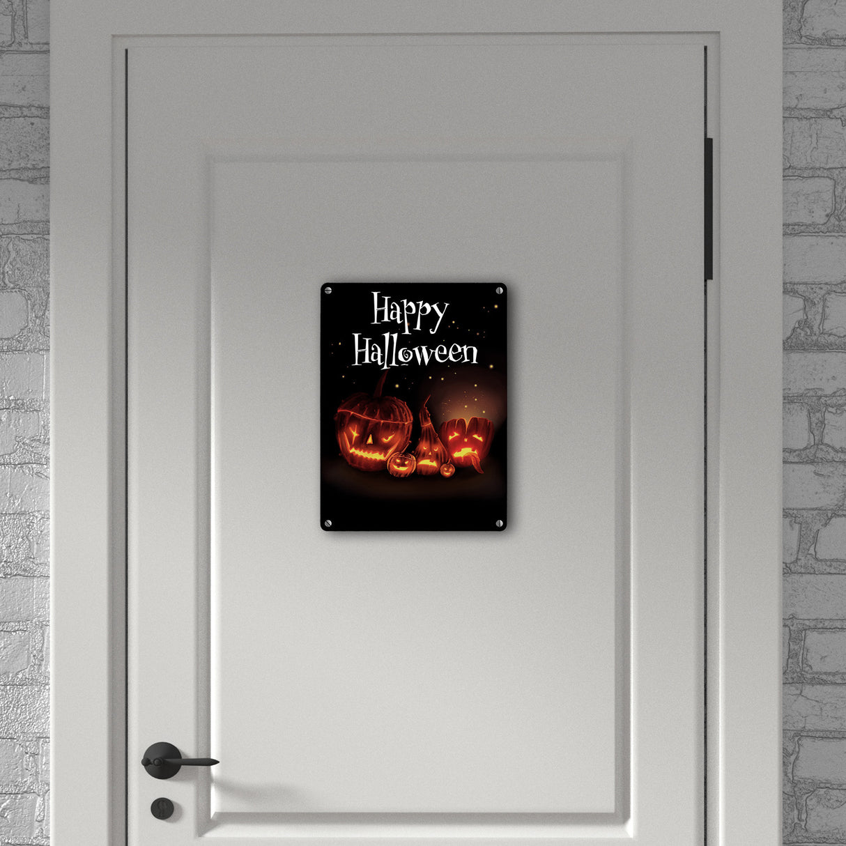 Metallschild mit gruseligem Kürbis Motiv und Happy Halloween Schriftzug