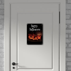 Metallschild mit gruseligem Kürbis Motiv und Happy Halloween Schriftzug