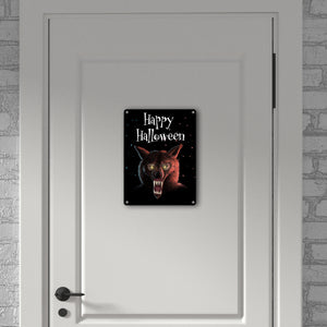 Metallschild mit gruseligem Wolf Motiv und Happy Halloween Schriftzug