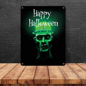Metallschild in 15x20 cm mit gruseligem Zombie Motiv und Happy Halloween Schriftzug
