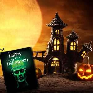 Metallschild in 15x20 cm mit gruseligem Zombie Motiv und Happy Halloween Schriftzug