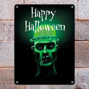 Metallschild in 15x20 cm mit gruseligem Zombie Motiv und Happy Halloween Schriftzug
