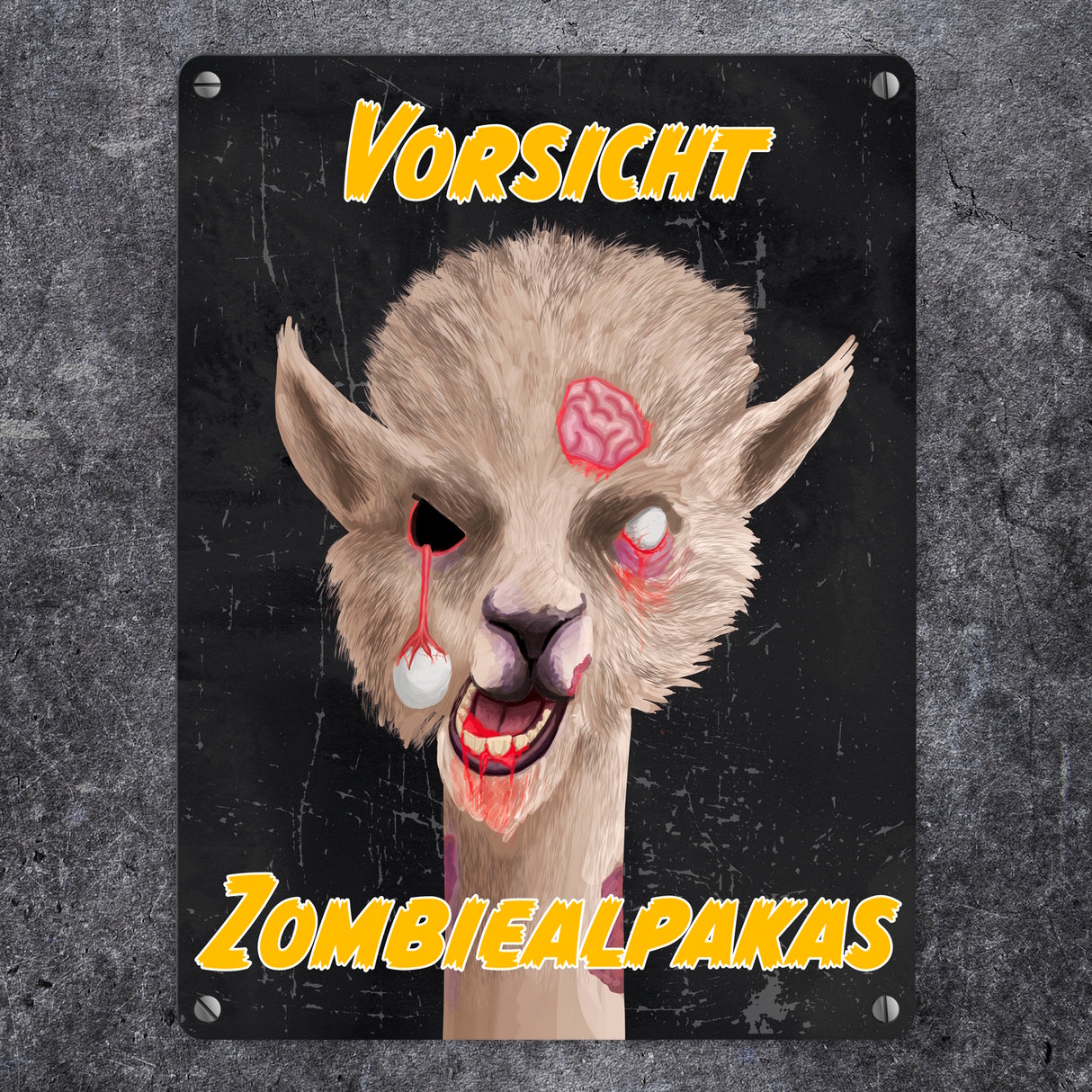 Vorsicht Zombiealpaka Metallschild in dunkelgrau