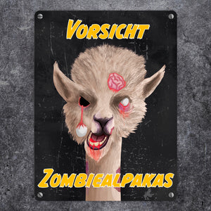 Vorsicht Zombiealpaka Metallschild in dunkelgrau