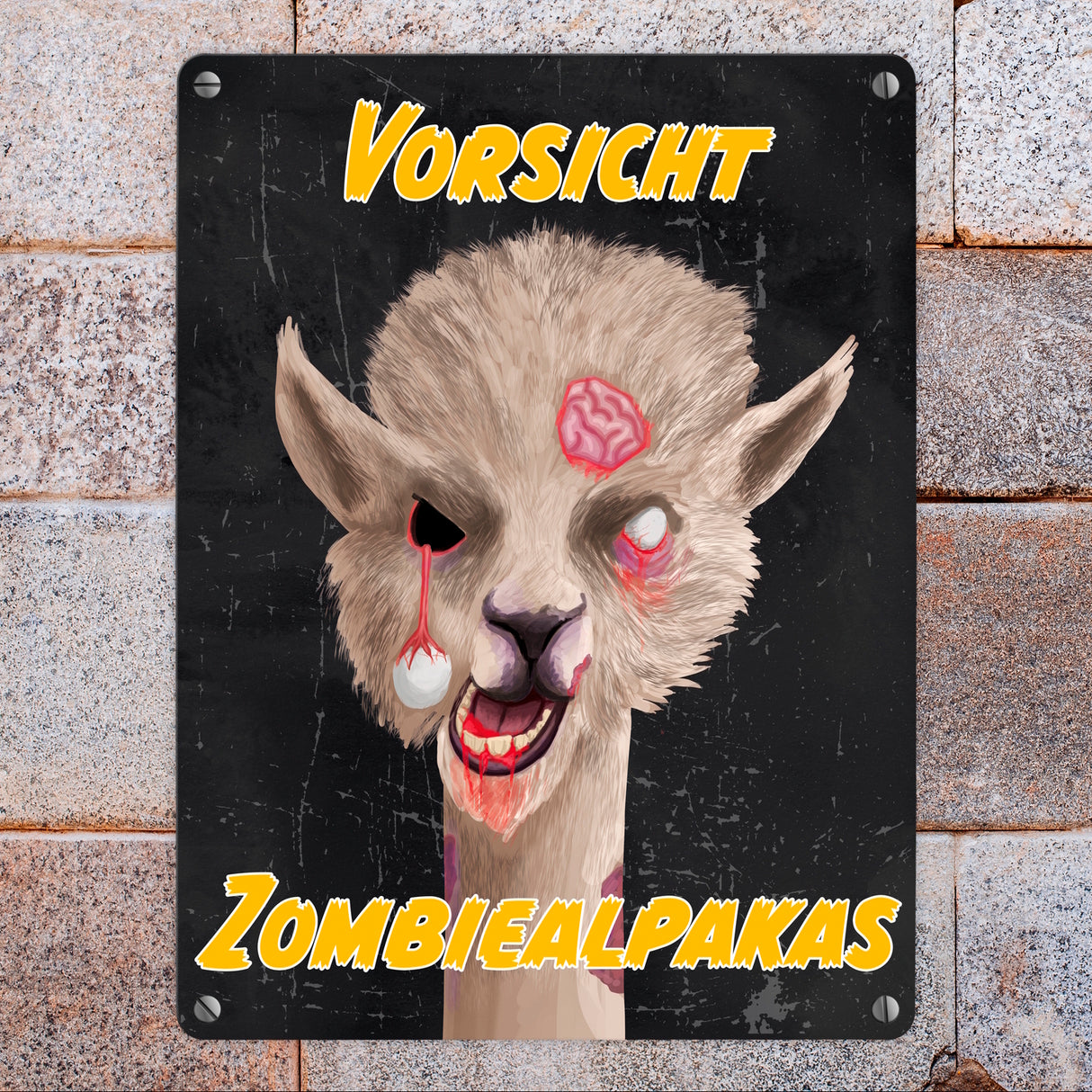 Vorsicht Zombiealpaka Metallschild in dunkelgrau