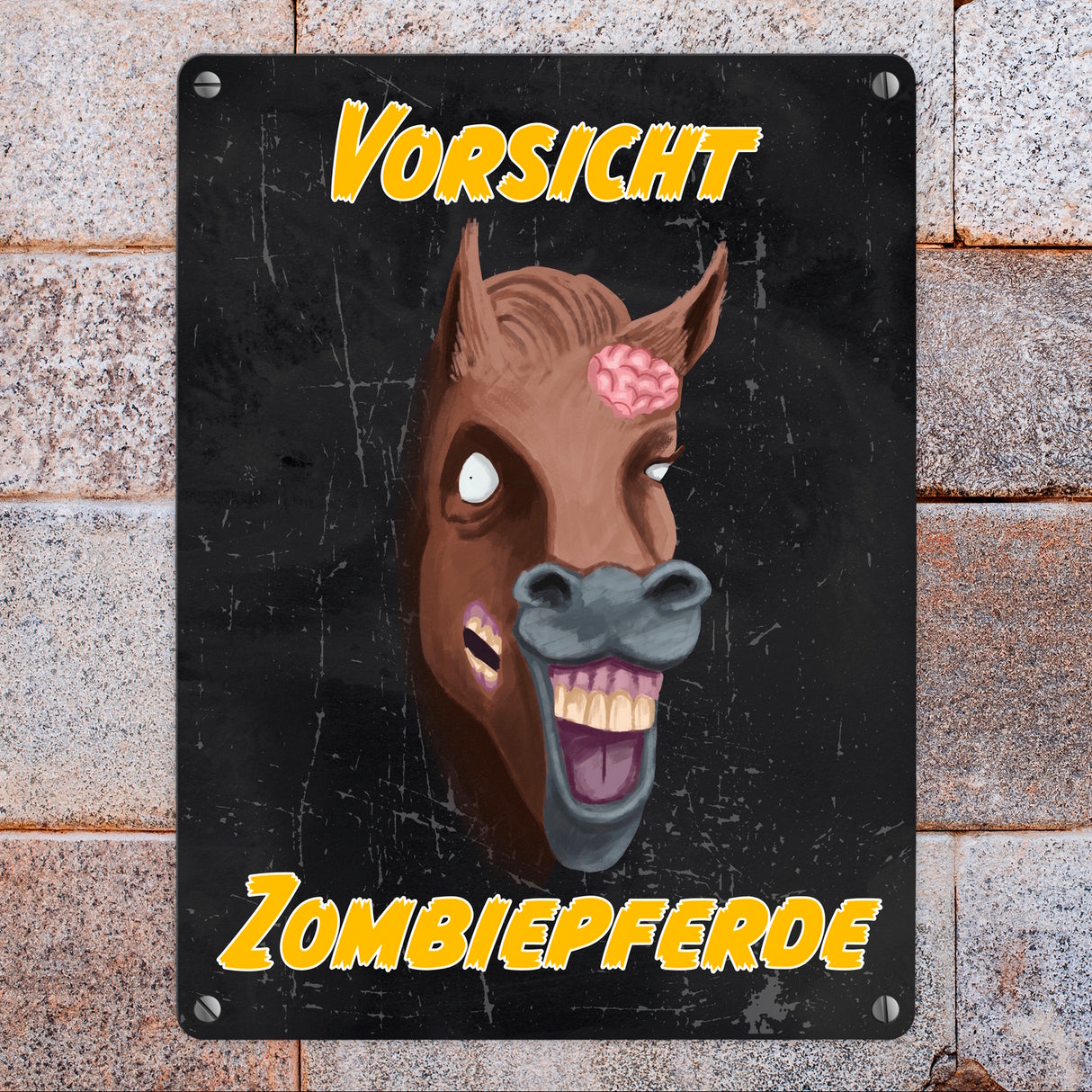 Vorsicht Zombiepferd Metallschild in 15x20 cm in dunkelgrau