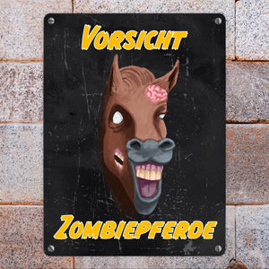 Vorsicht Zombiepferd Metallschild in 15x20 cm in dunkelgrau