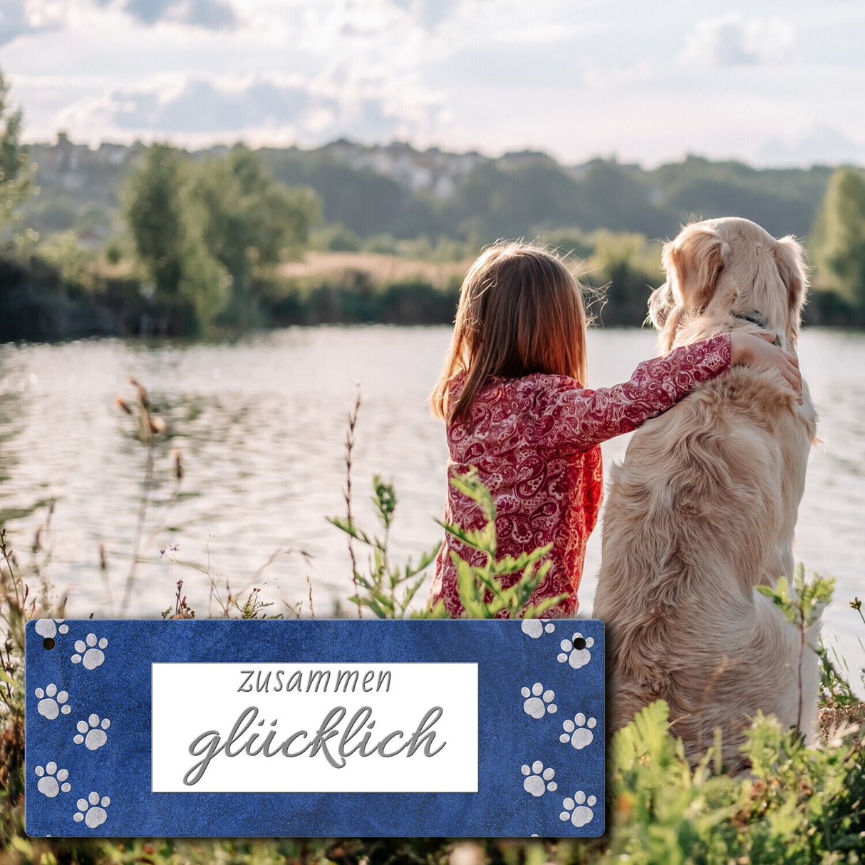 zusammen glücklich Metallschild mit Pfoten für Hundebesitzer Hunde-Freunde Geschenkidee Dekoration Deko Pfotenabdruck Fellnase