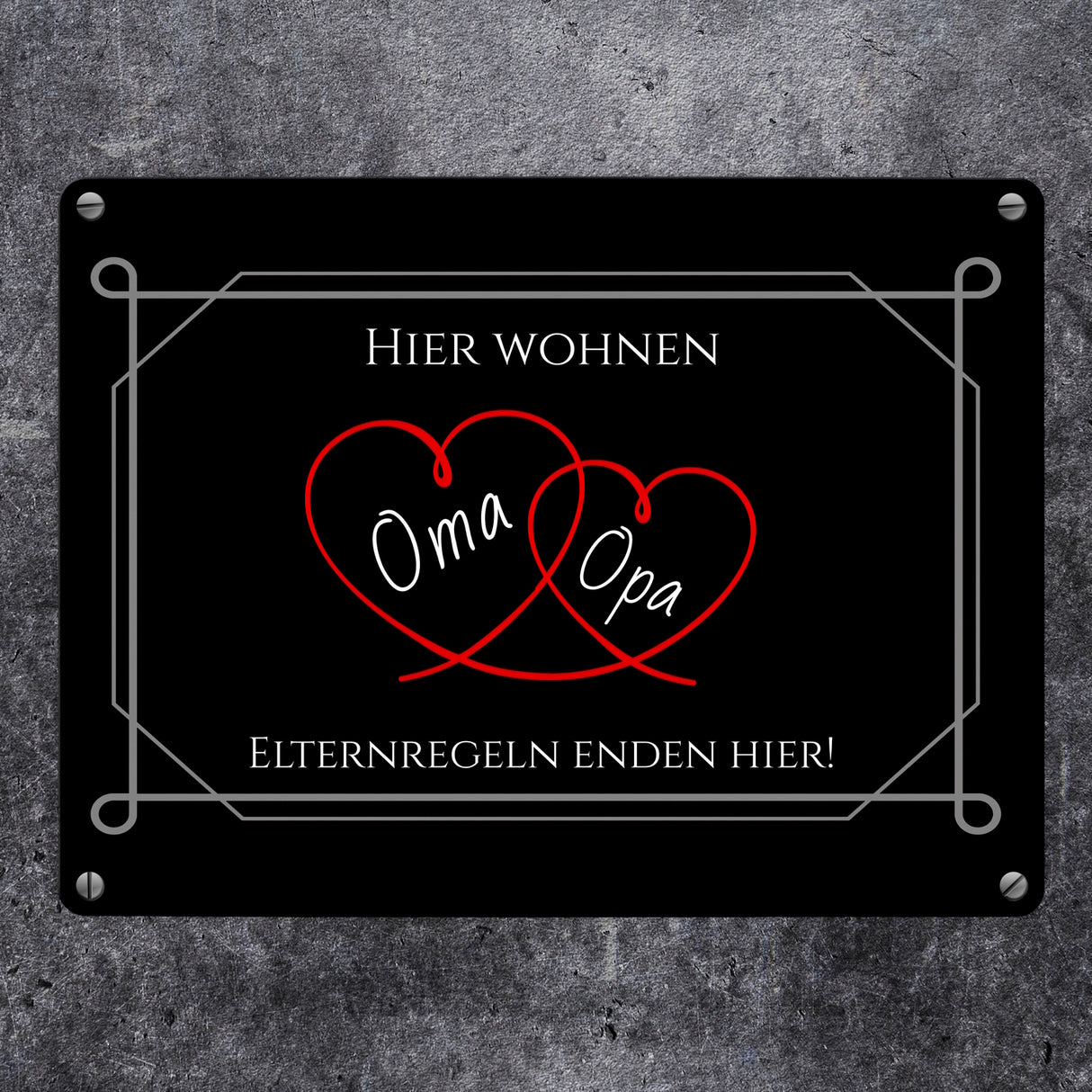 Hier wohnen Oma und Opa - Elternregeln enden hier Metallschild in 15x20 cm mit Herzen