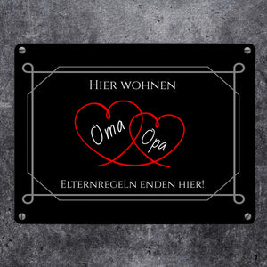 Hier wohnen Oma und Opa - Elternregeln enden hier Metallschild in 15x20 cm mit Herzen