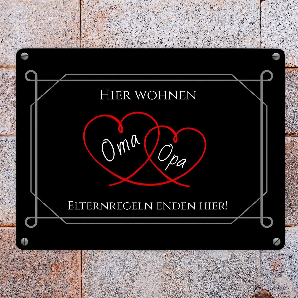 Hier wohnen Oma und Opa - Elternregeln enden hier Metallschild in 15x20 cm mit Herzen