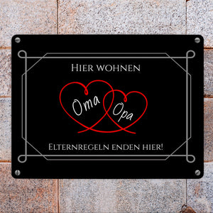 Hier wohnen Oma und Opa - Elternregeln enden hier Metallschild in 15x20 cm mit Herzen