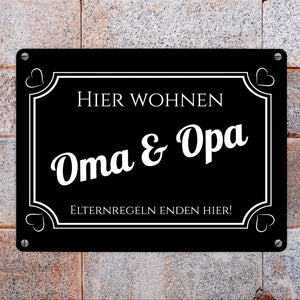 Hier wohnen Oma und Opa - Elternregeln enden hier Metallschild in 15x20 cm