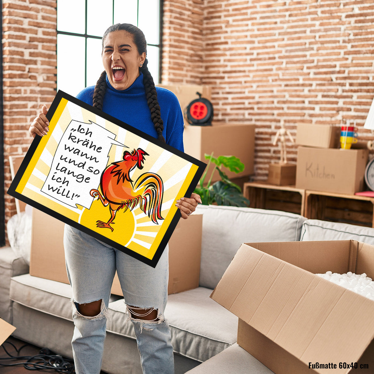 Hahn Fußmatte mit Spruch: Ich krähe wann und solange ich will!