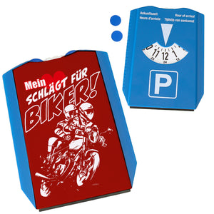 Motorrad Parkscheibe mit Biker Motiv in rot mit 2 Einkaufswagenchips