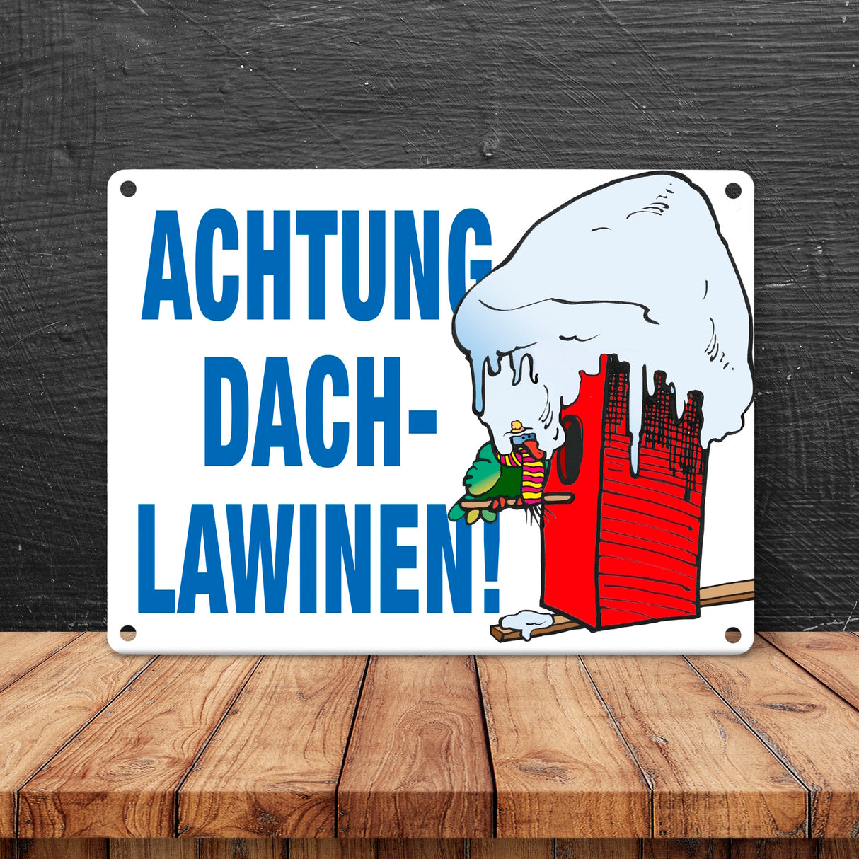 Warnschild für den Winter Achtung Dachlawinen! Mit Comic Vogelhaus
