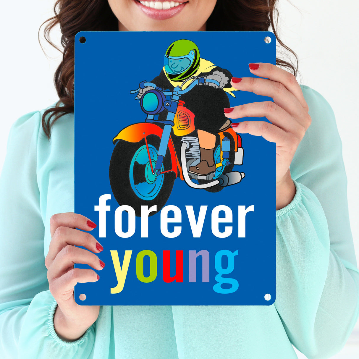 Metallschild mit Oma auf Motorrad und Spruch: forever young