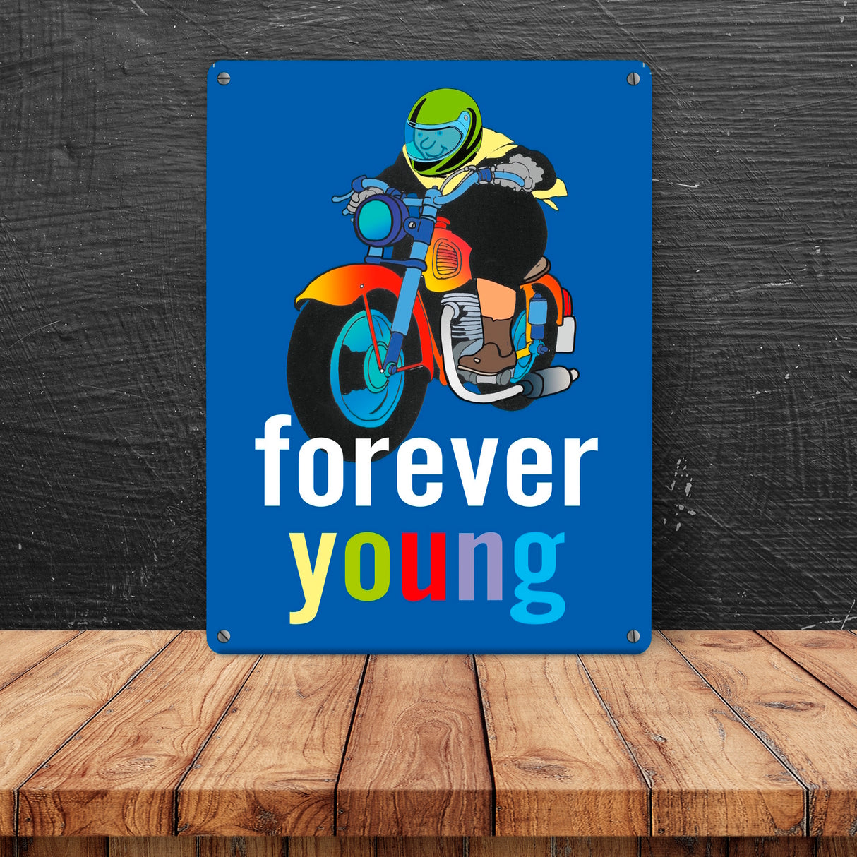 Metallschild mit Oma auf Motorrad und Spruch: forever young