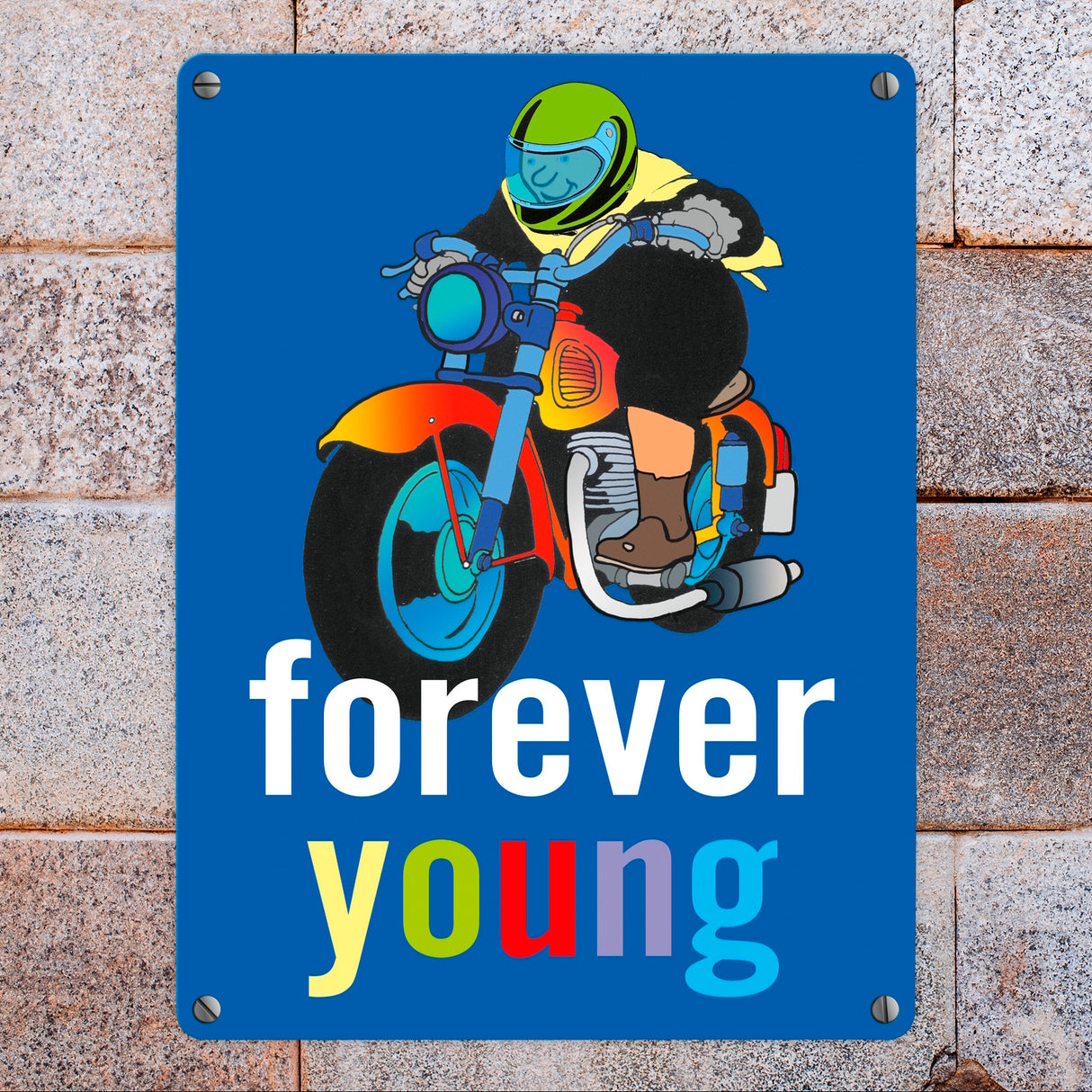 Metallschild mit Oma auf Motorrad und Spruch: forever young