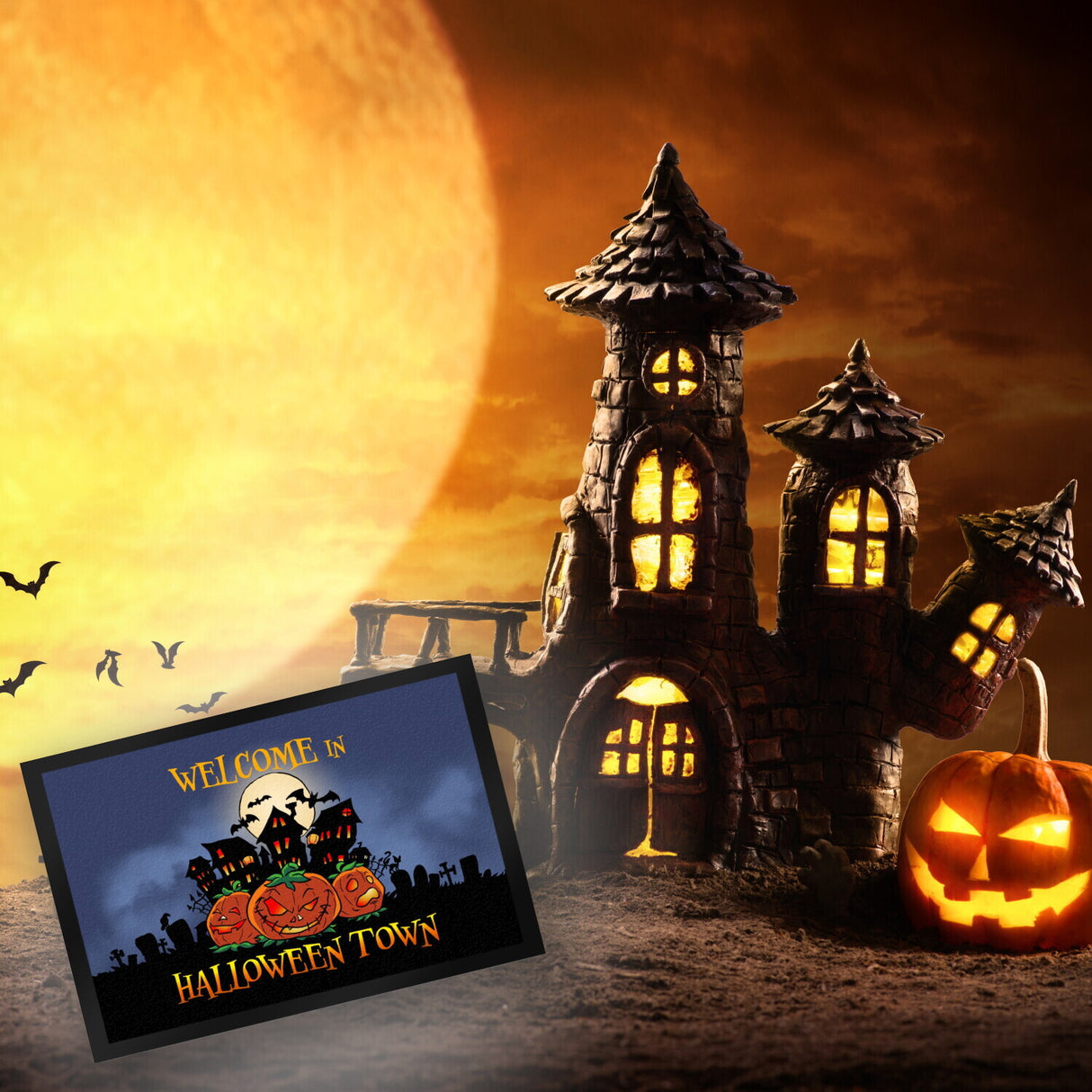 Fußmatte mit gruseligen Halloween Design und Spruch - Welcome in Halloween Town