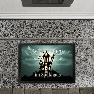 Fußmatte mit gruseligem Halloween Motiv und Spruch - Willkommen im Spukhaus