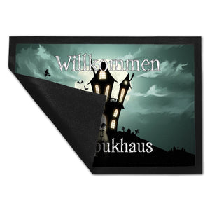 Fußmatte mit gruseligem Halloween Motiv und Spruch - Willkommen im Spukhaus