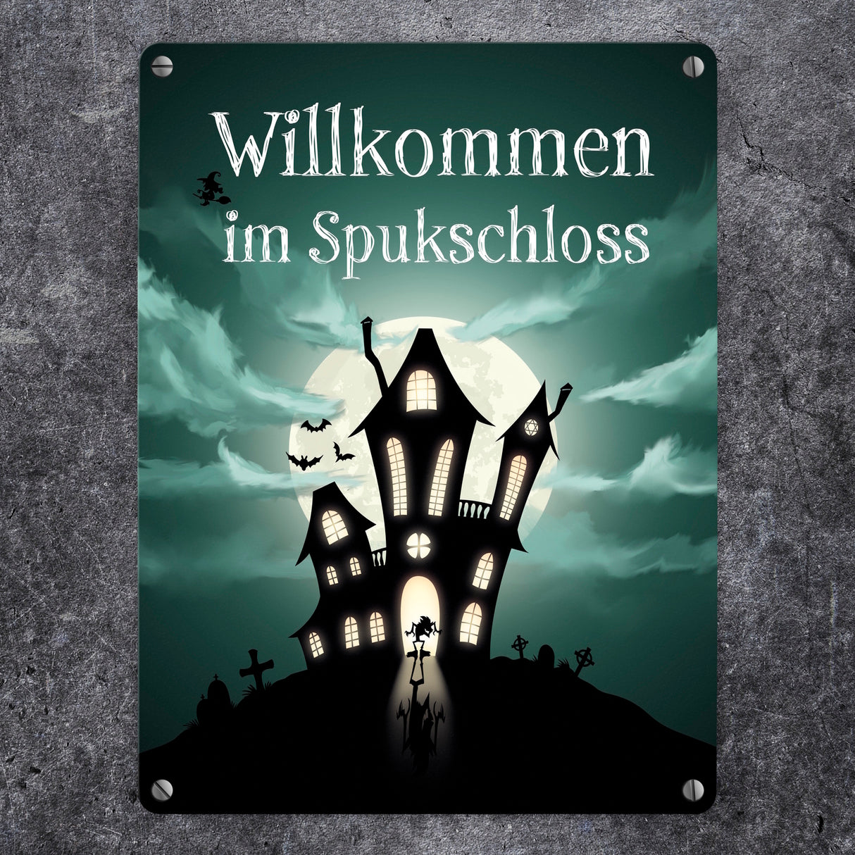 Metallschild gruseliges Halloween Motiv und Spruch - Willkommen im Spukschloss