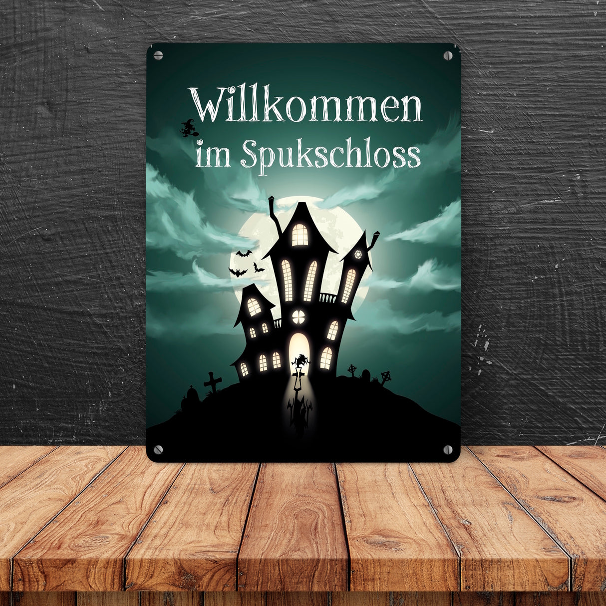Metallschild gruseliges Halloween Motiv und Spruch - Willkommen im Spukschloss