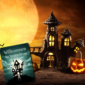 Metallschild gruseliges Halloween Motiv und Spruch - Willkommen im Spukschloss