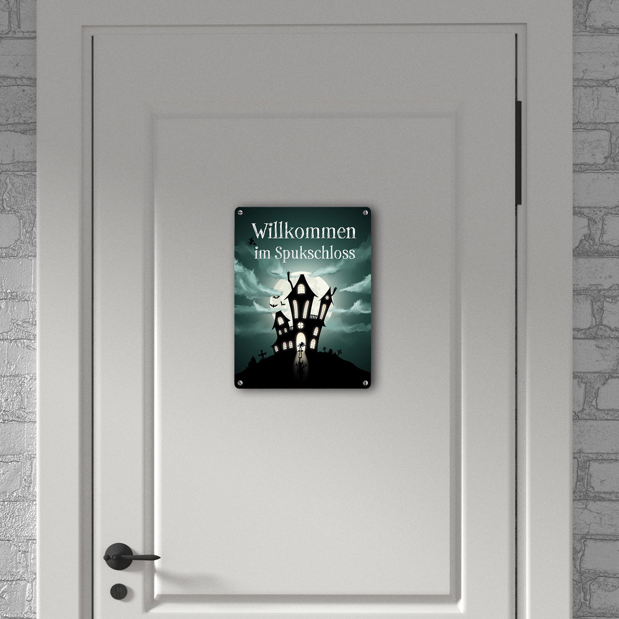 Metallschild gruseliges Halloween Motiv und Spruch - Willkommen im Spukschloss